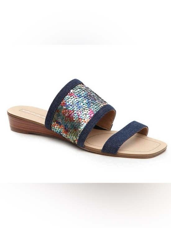 Tahari Shoes - Tahari FERN slide sandals multicolor rainbow sequins, blue denim straps.